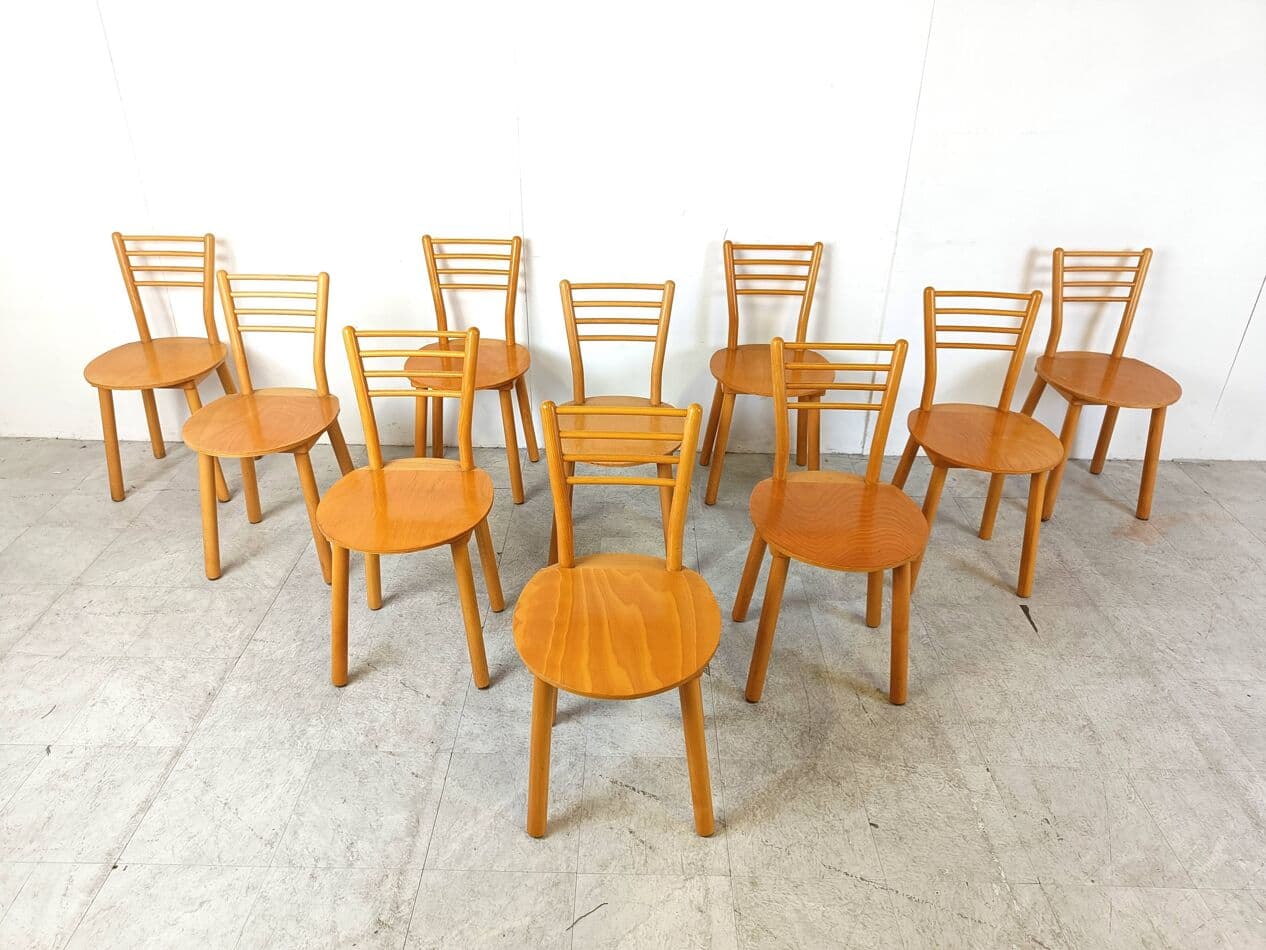 Set of eight Scandinavian chairs, brown, wood, Denmark, 1970s. - 271011