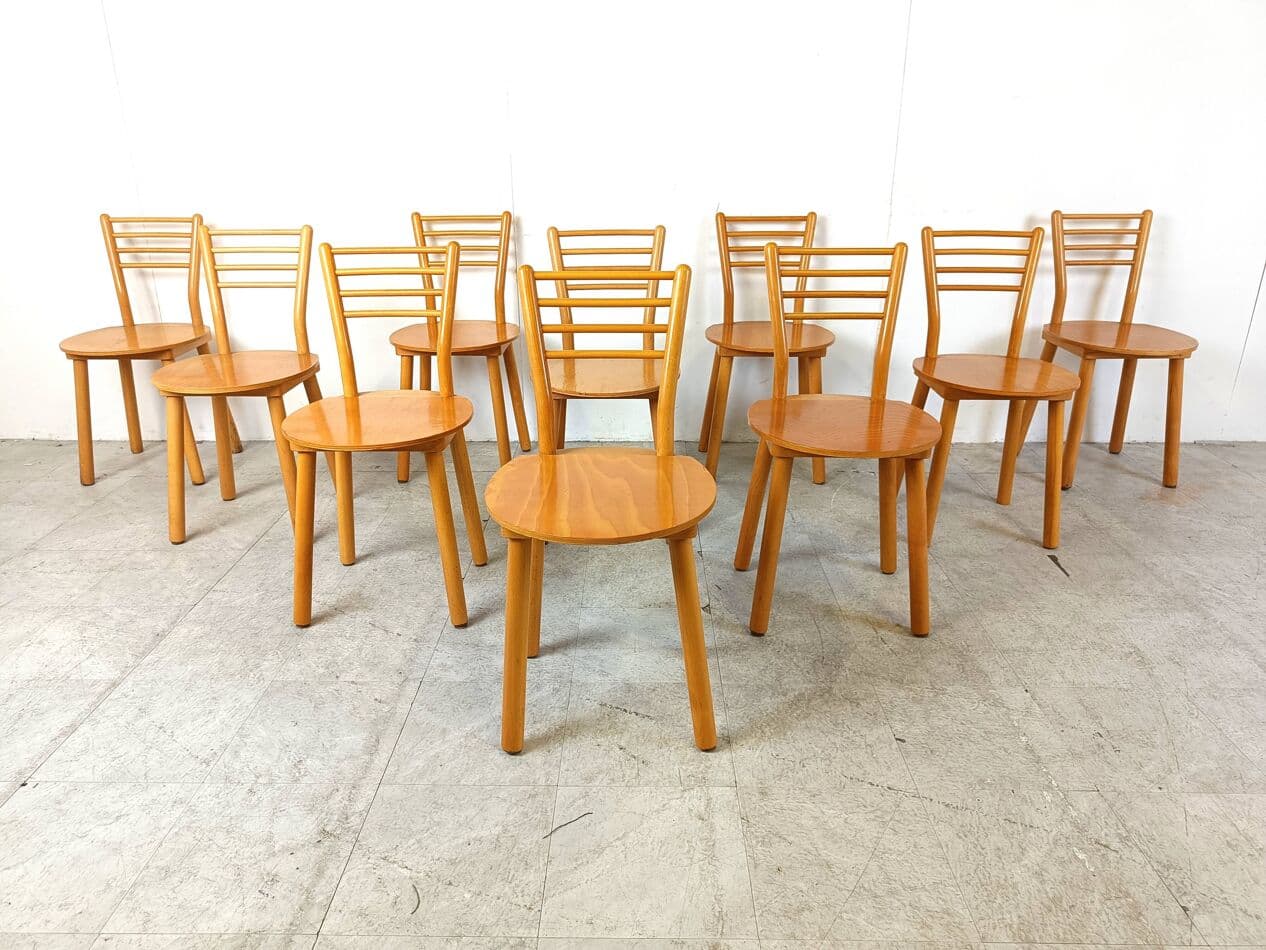 Set of eight Scandinavian chairs, brown, wood, Denmark, 1970s. - 271019