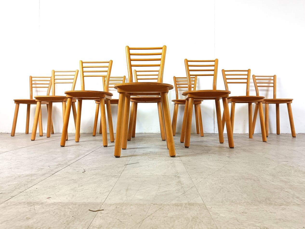 Set of eight Scandinavian chairs, brown, wood, Denmark, 1970s. - 271009
