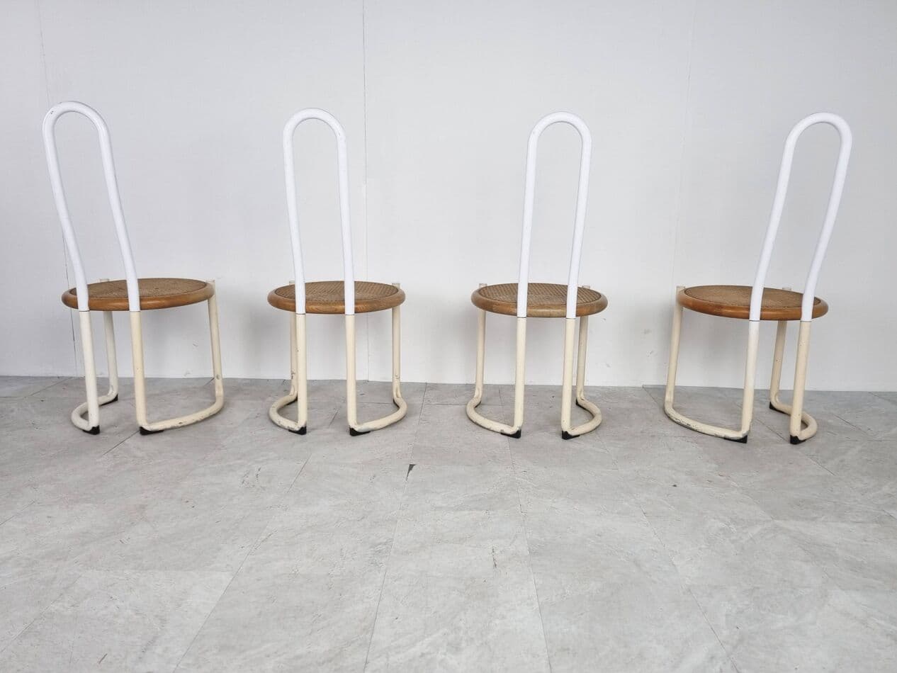 Set of Four Chairs Postmodern, white metal, beech, rattan, Italy, 1960s. - 270906