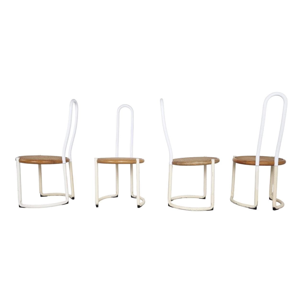 Set of Four Chairs Postmodern, white metal, beech, rattan, Italy, 1960s.
