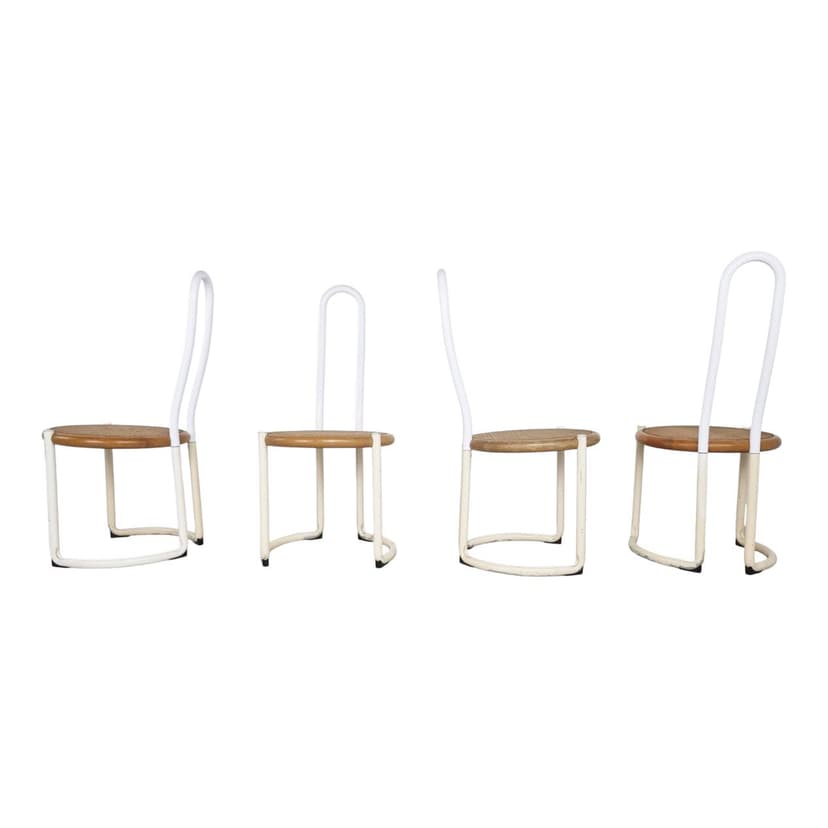 Set of Four Chairs Postmodern, white metal, beech, rattan, Italy, 1960s.