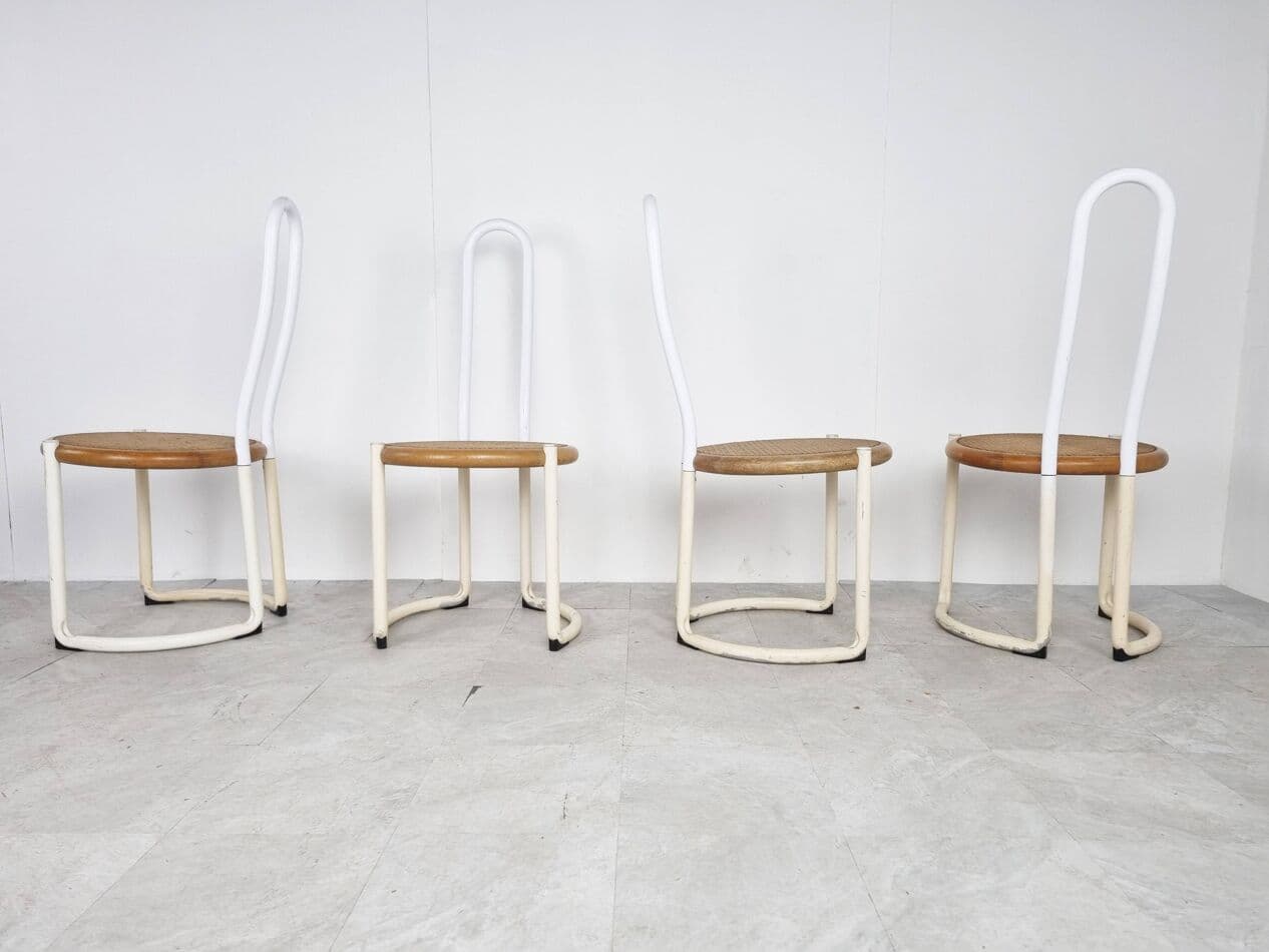 Set of Four Chairs Postmodern, white metal, beech, rattan, Italy, 1960s. - 270908