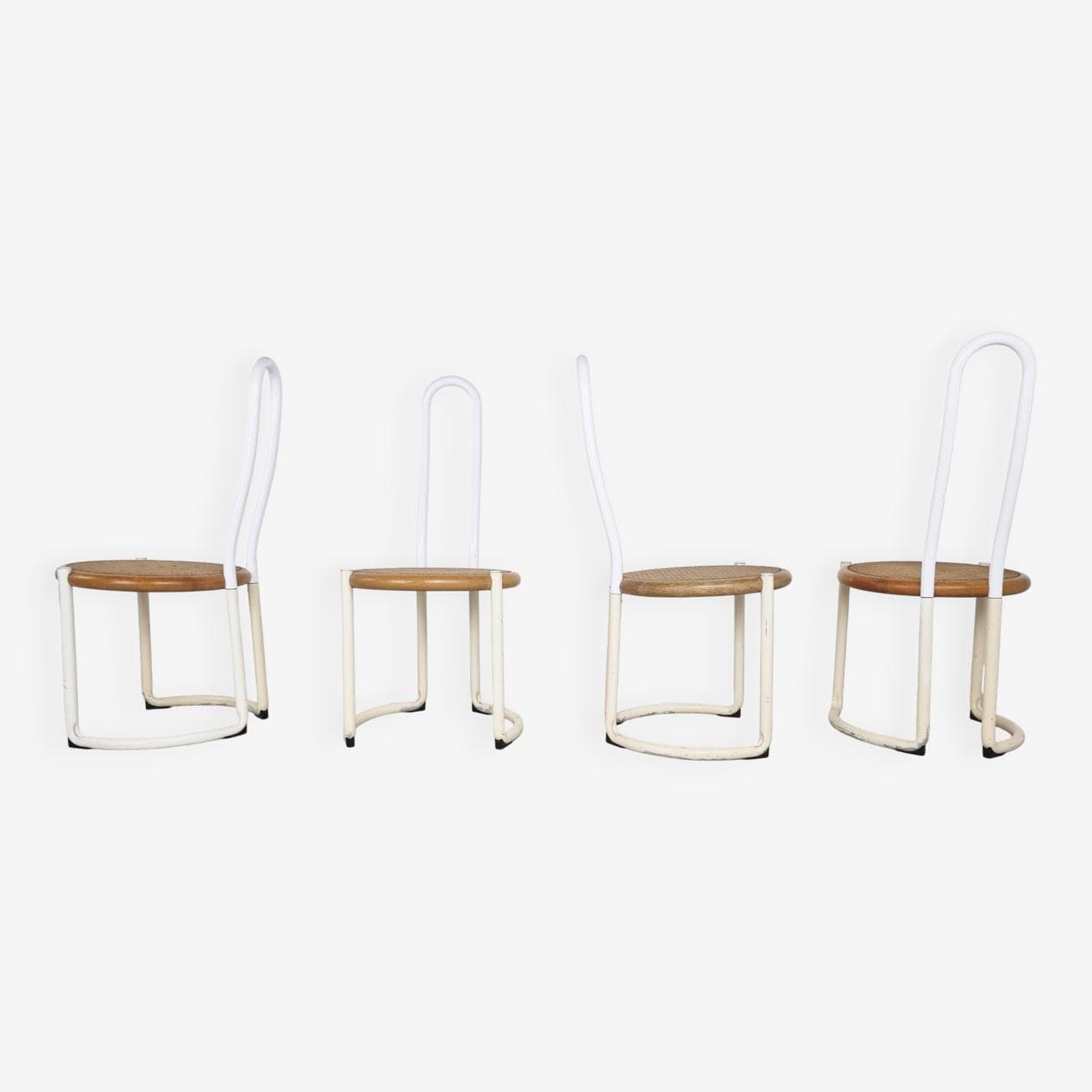 Set of Four Chairs Postmodern, white metal, beech, rattan, Italy, 1960s. - 270900