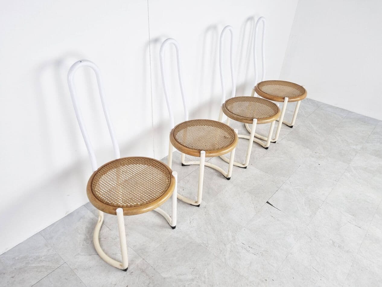 Set of Four Chairs Postmodern, white metal, beech, rattan, Italy, 1960s. - 270902
