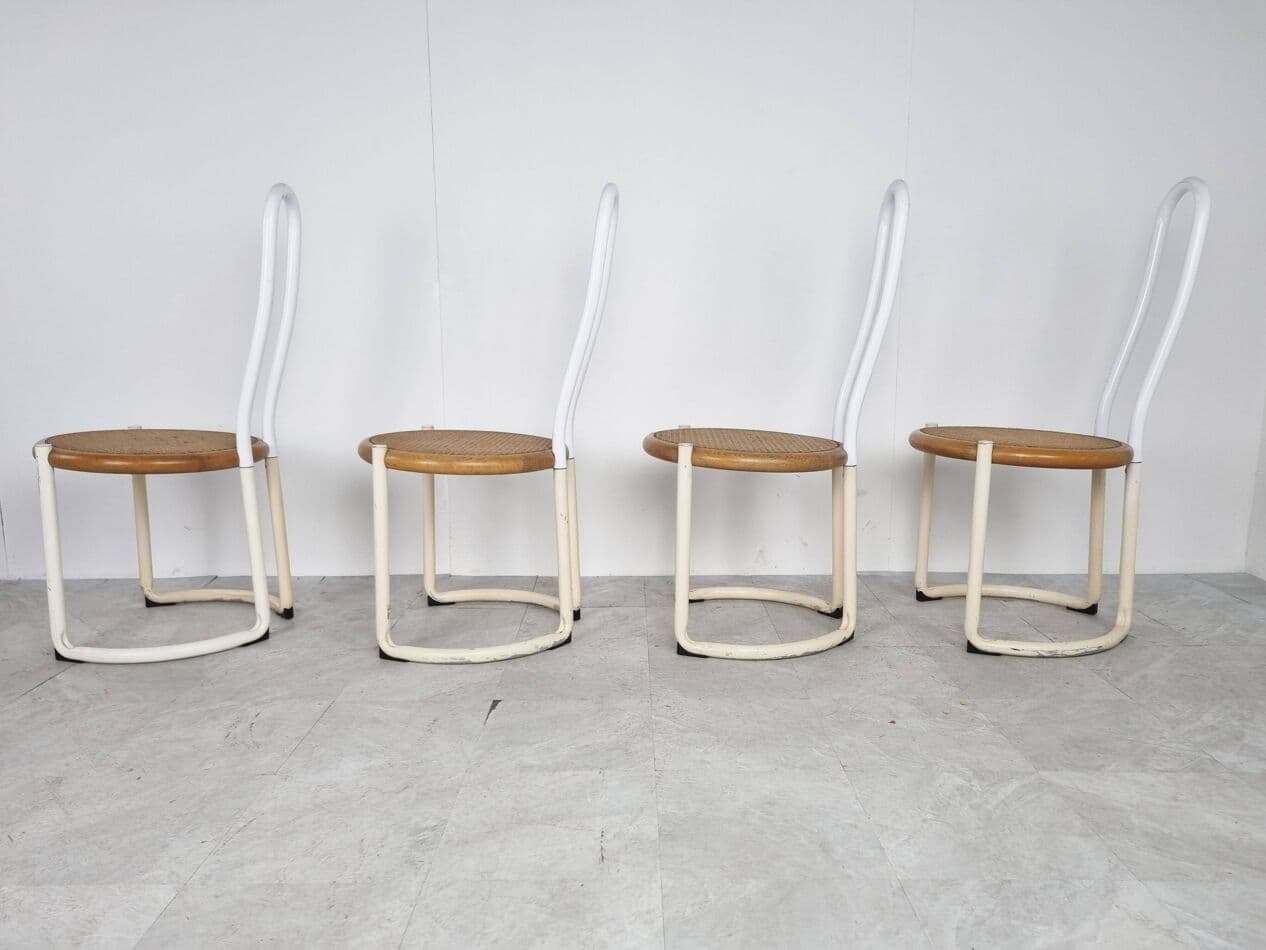 Set of Four Chairs Postmodern, white metal, beech, rattan, Italy, 1960s. - 270907