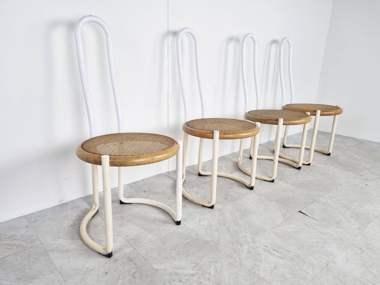Set of Four Chairs Postmodern, white metal, beech, rattan, Italy, 1960s. - 270901