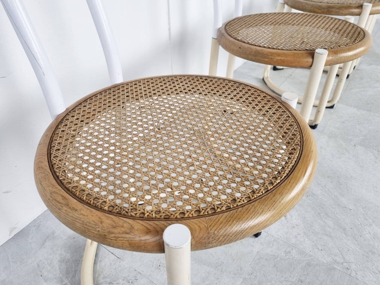 Set of Four Chairs Postmodern, white metal, beech, rattan, Italy, 1960s. - 270903