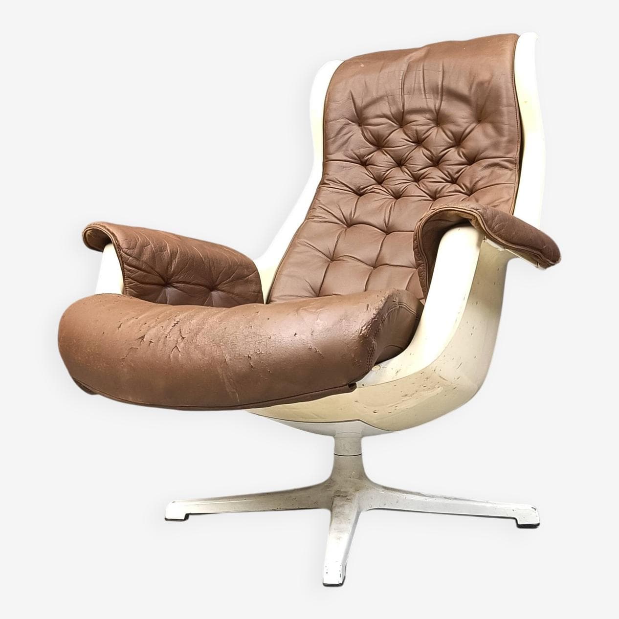 Fotel Space Age, skóra brązowa, plastik kremowy, Dux, Szwecja, lata 60. - 270778