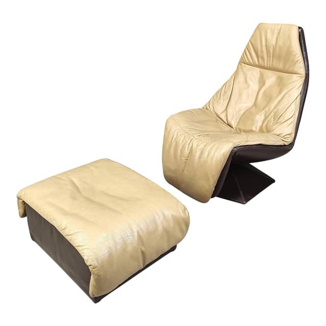 Fotel obrotowy z podnóżkiem, skóra brązowa, Belgia, lata 70. - WYMIARY