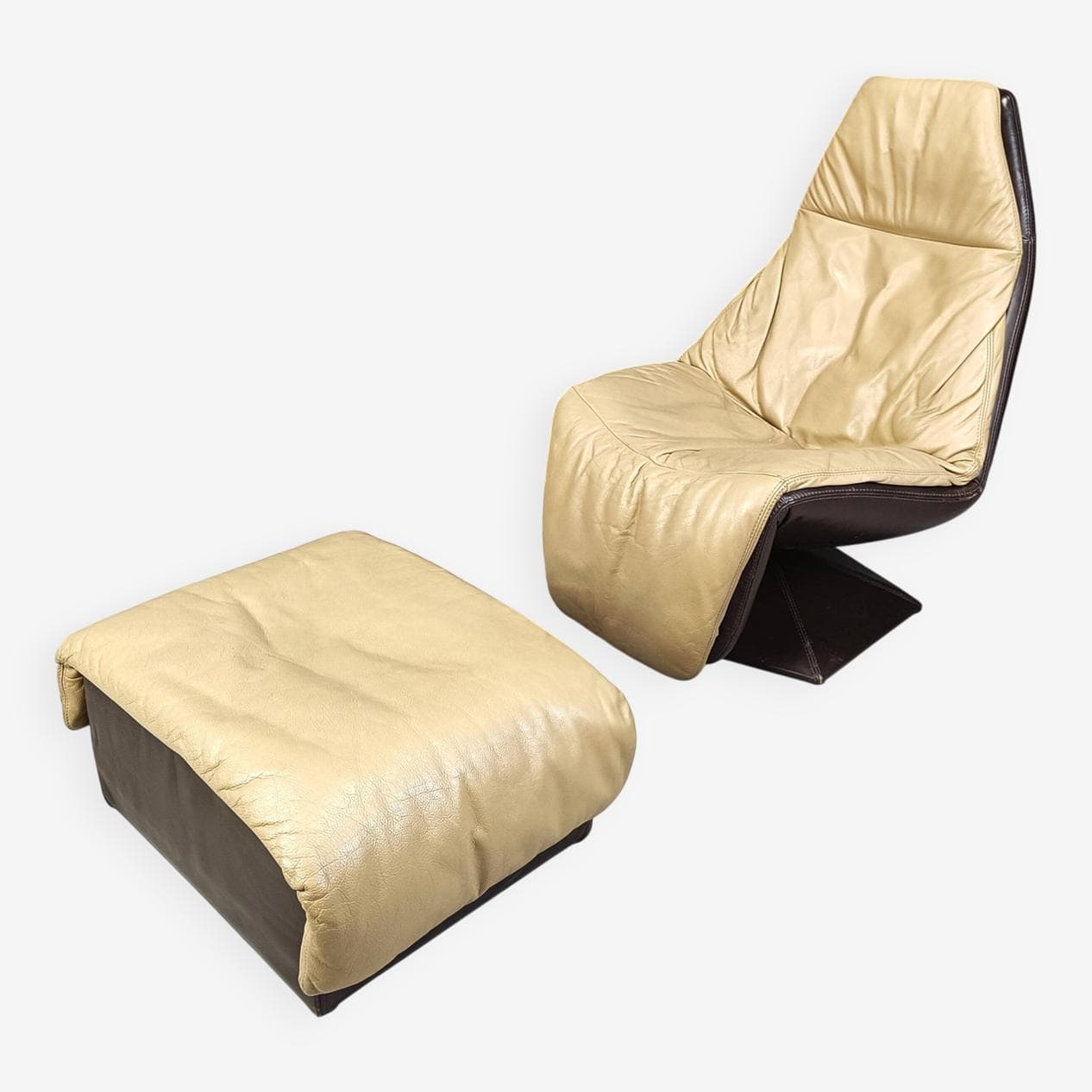 Fotel obrotowy z podnóżkiem, skóra brązowa, Belgia, lata 70. - 270734