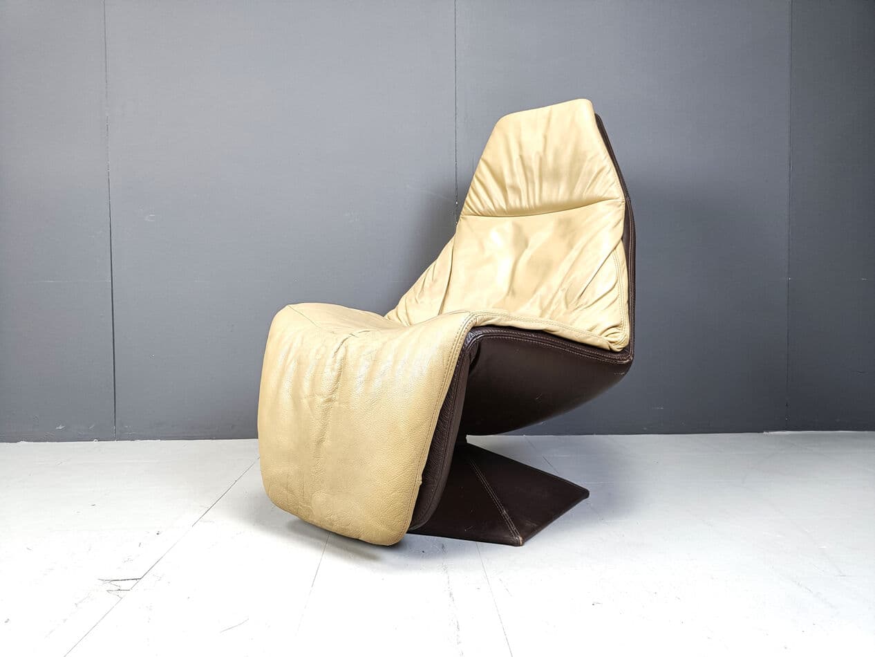 Fotel obrotowy z podnóżkiem, skóra brązowa, Belgia, lata 70. - 270736