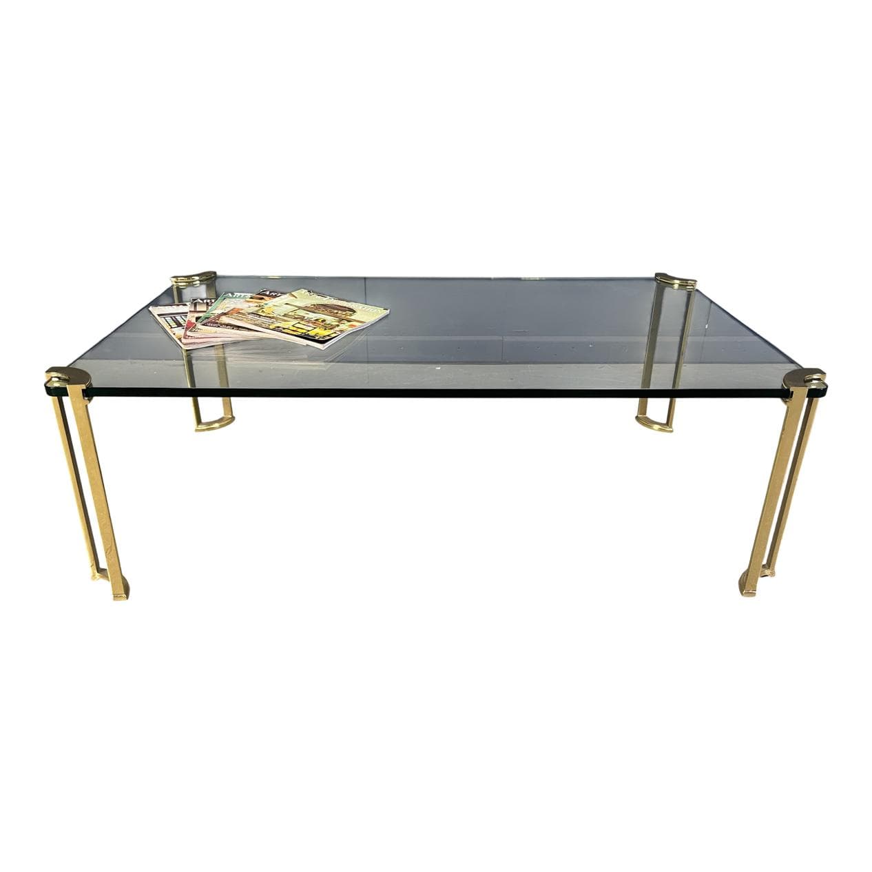 Coffee table, transparent glass, brass, Belgium, 1970s.