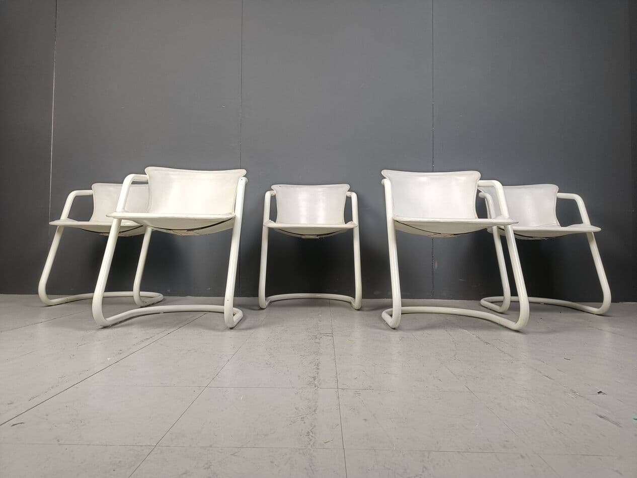Set of Five Dining Chairs, white, metal, leather, Netherlands, 1970s. - 270644