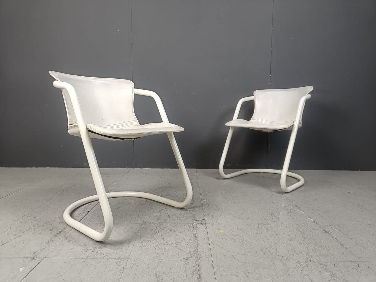 Set of Five Dining Chairs, white, metal, leather, Netherlands, 1970s. - 270638