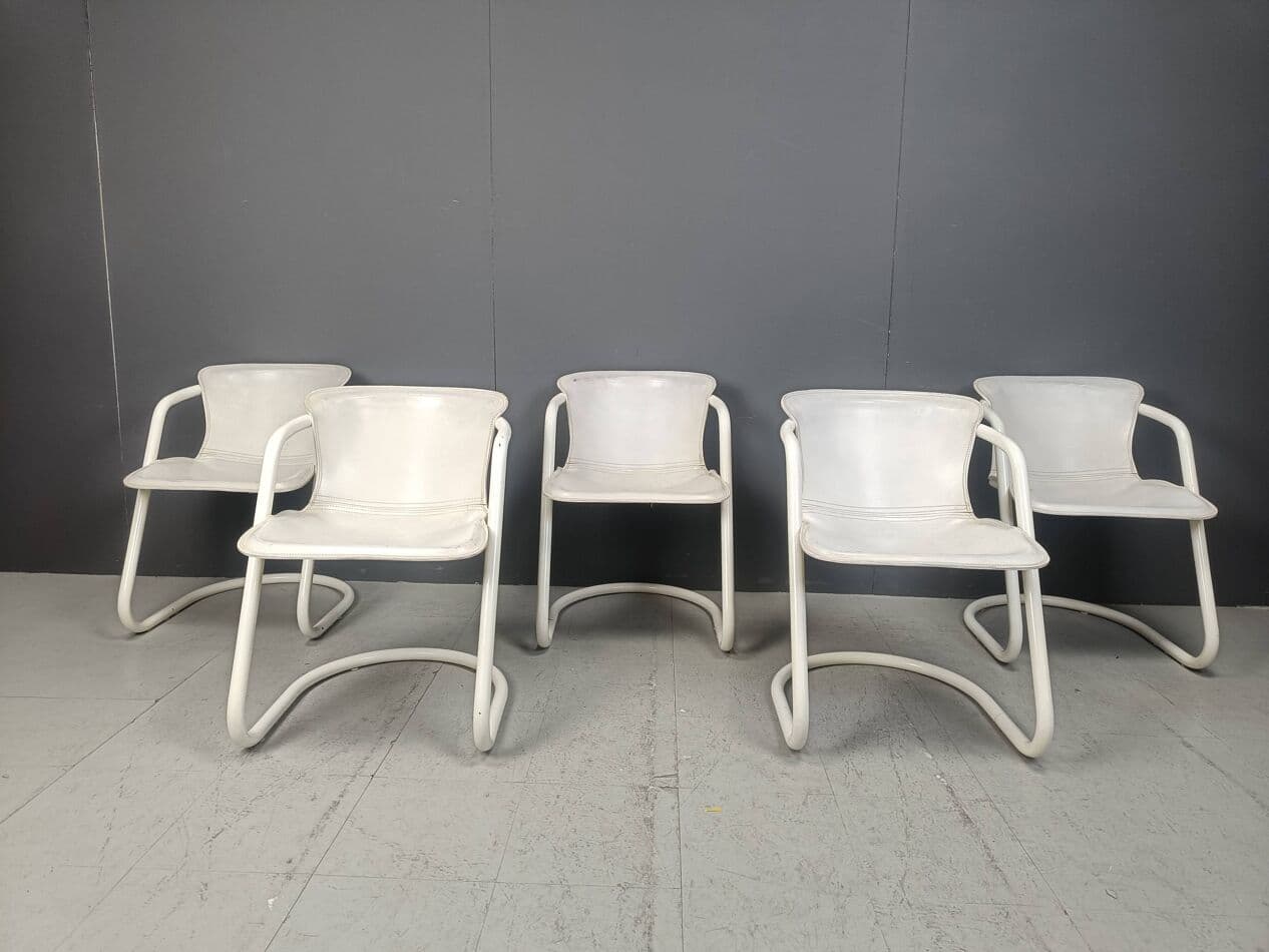 Set of Five Dining Chairs, white, metal, leather, Netherlands, 1970s. - 270647