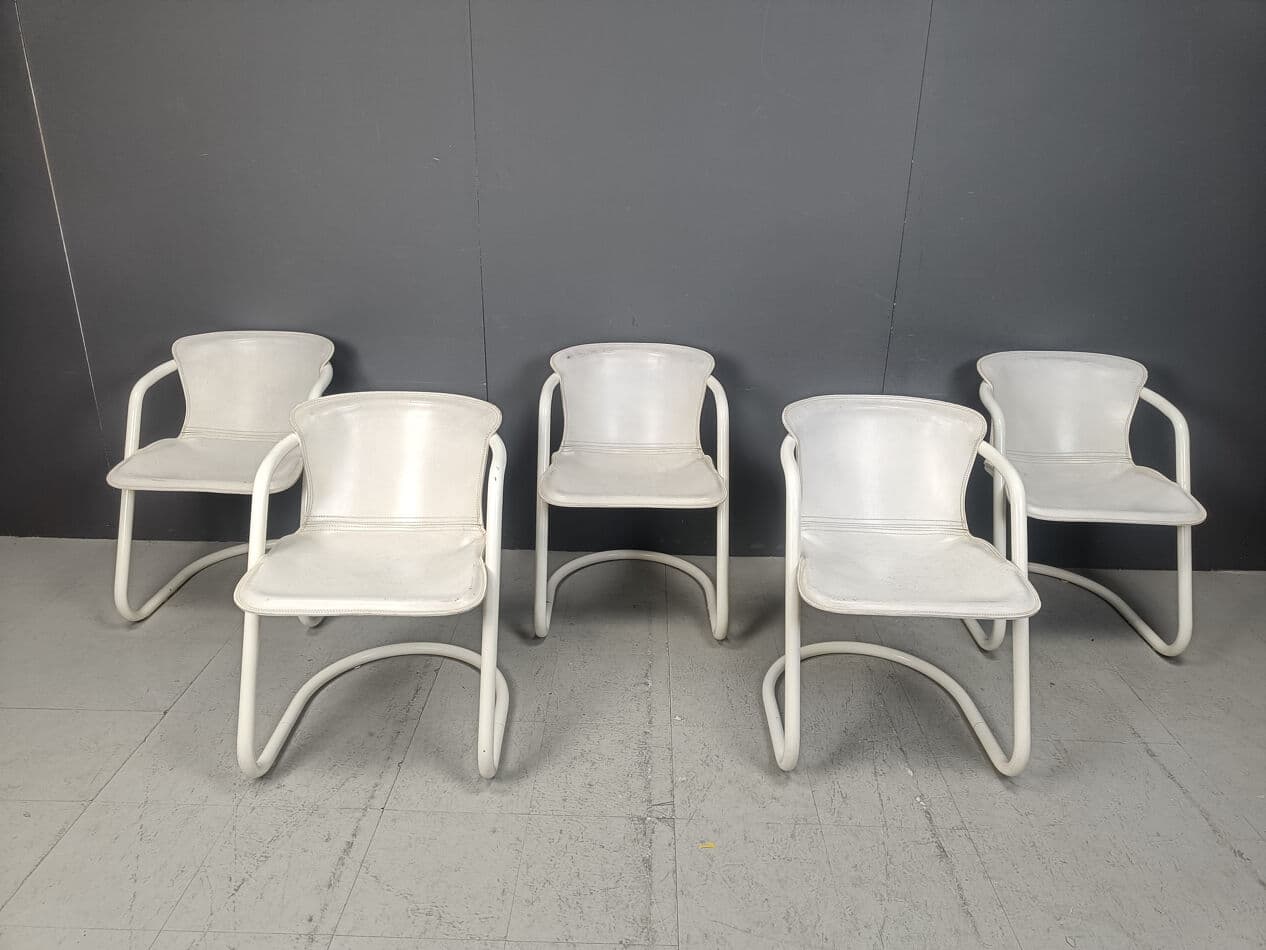 Set of Five Dining Chairs, white, metal, leather, Netherlands, 1970s. - 270645