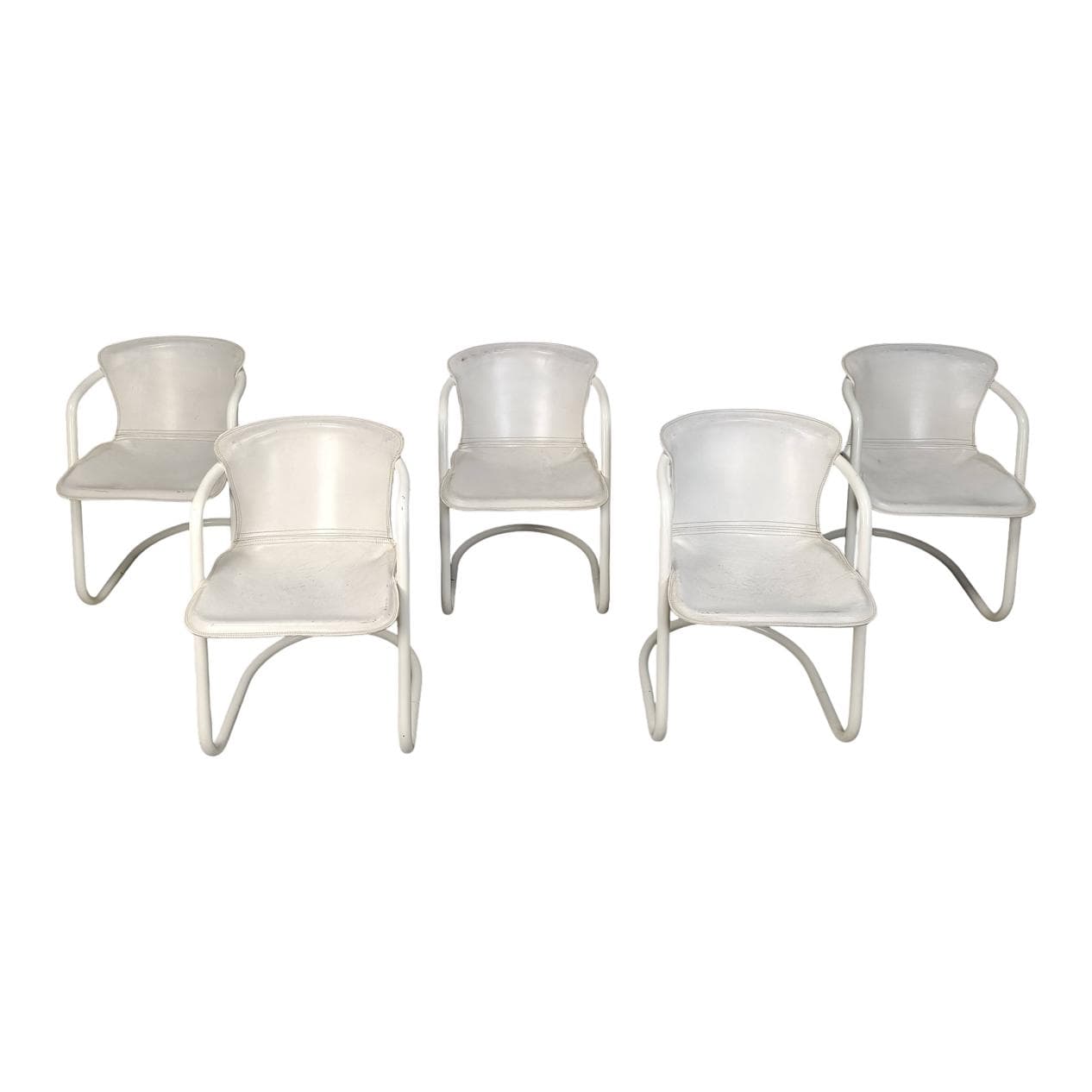 Set of Five Dining Chairs, white, metal, leather, Netherlands, 1970s.