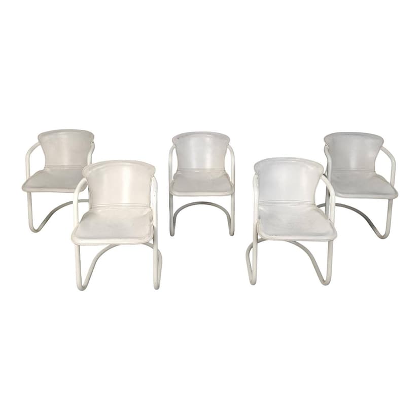 Set of Five Dining Chairs, white, metal, leather, Netherlands, 1970s.