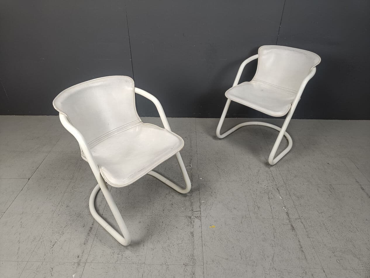 Set of Five Dining Chairs, white, metal, leather, Netherlands, 1970s. - 270639