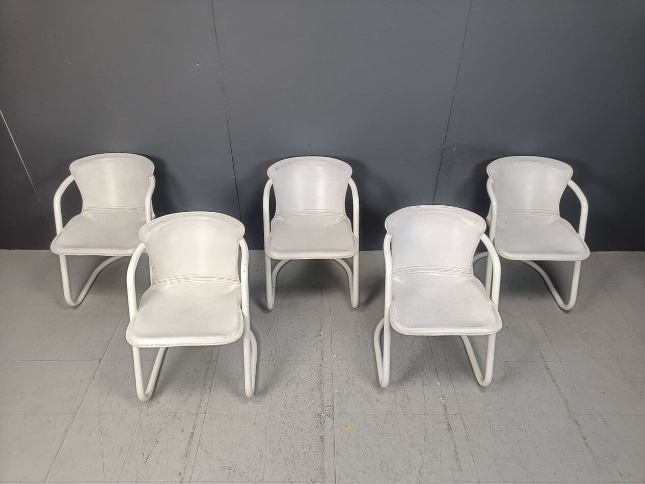 Set of Five Dining Chairs, white, metal, leather, Netherlands, 1970s. - 270641