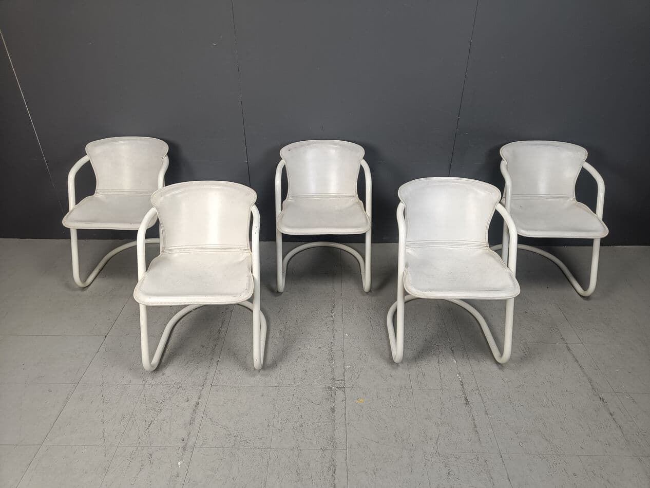 Set of Five Dining Chairs, white, metal, leather, Netherlands, 1970s. - 270635