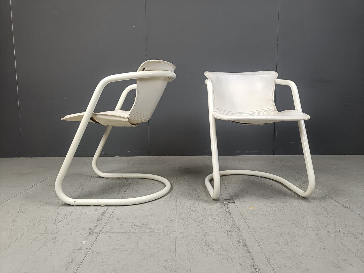 Set of Five Dining Chairs, white, metal, leather, Netherlands, 1970s. - 270648