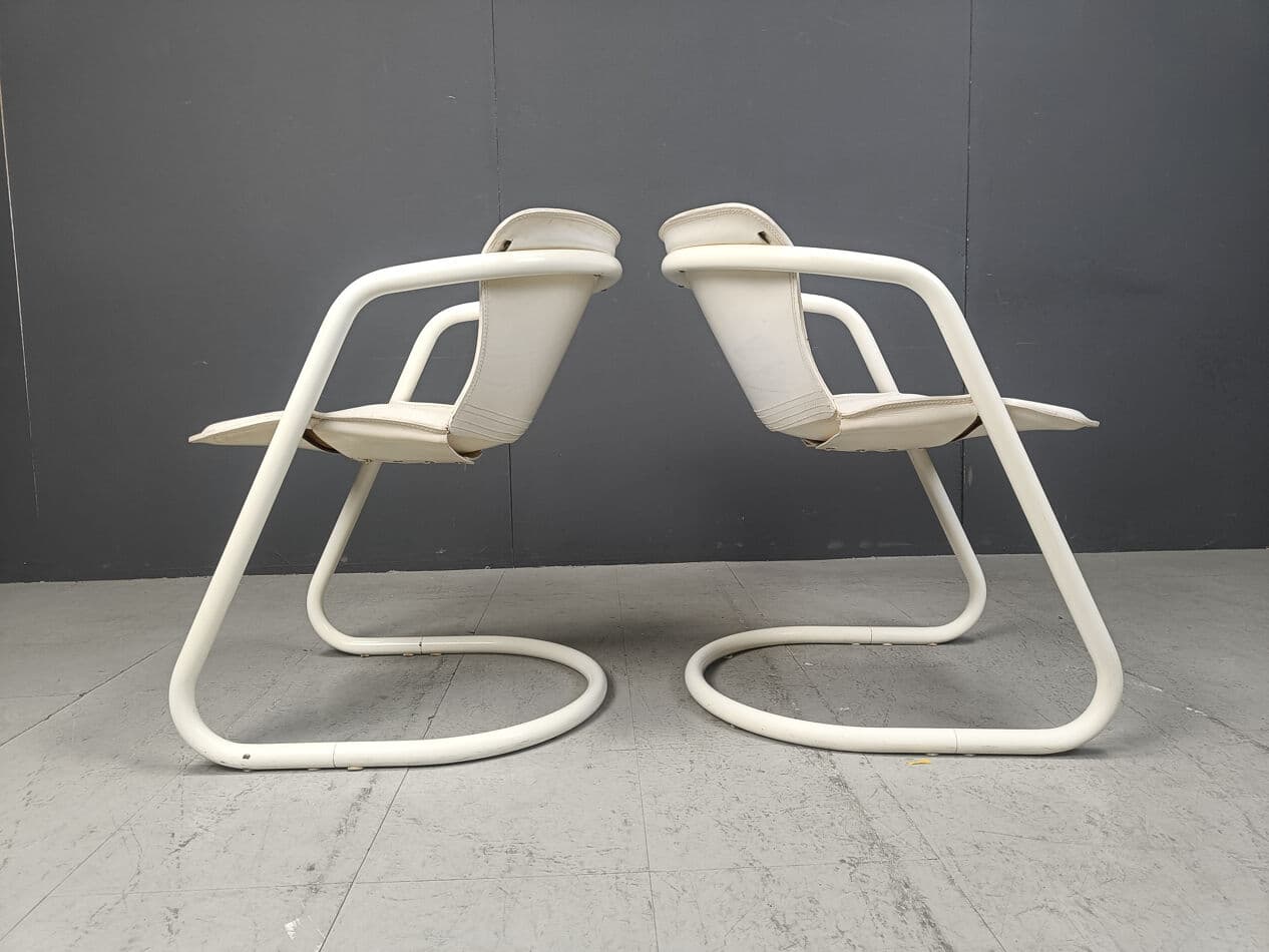 Set of Five Dining Chairs, white, metal, leather, Netherlands, 1970s. - 270636