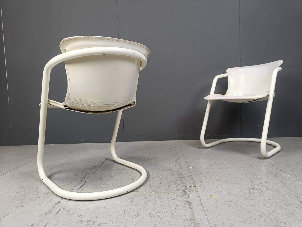 Set of Five Dining Chairs, white, metal, leather, Netherlands, 1970s. - 270637
