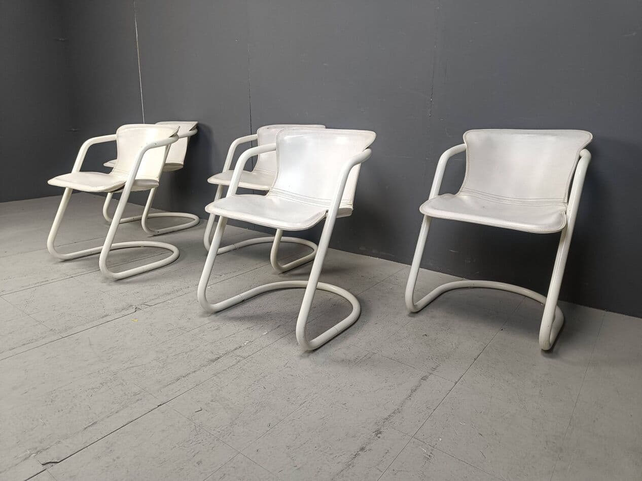 Set of Five Dining Chairs, white, metal, leather, Netherlands, 1970s. - 270642