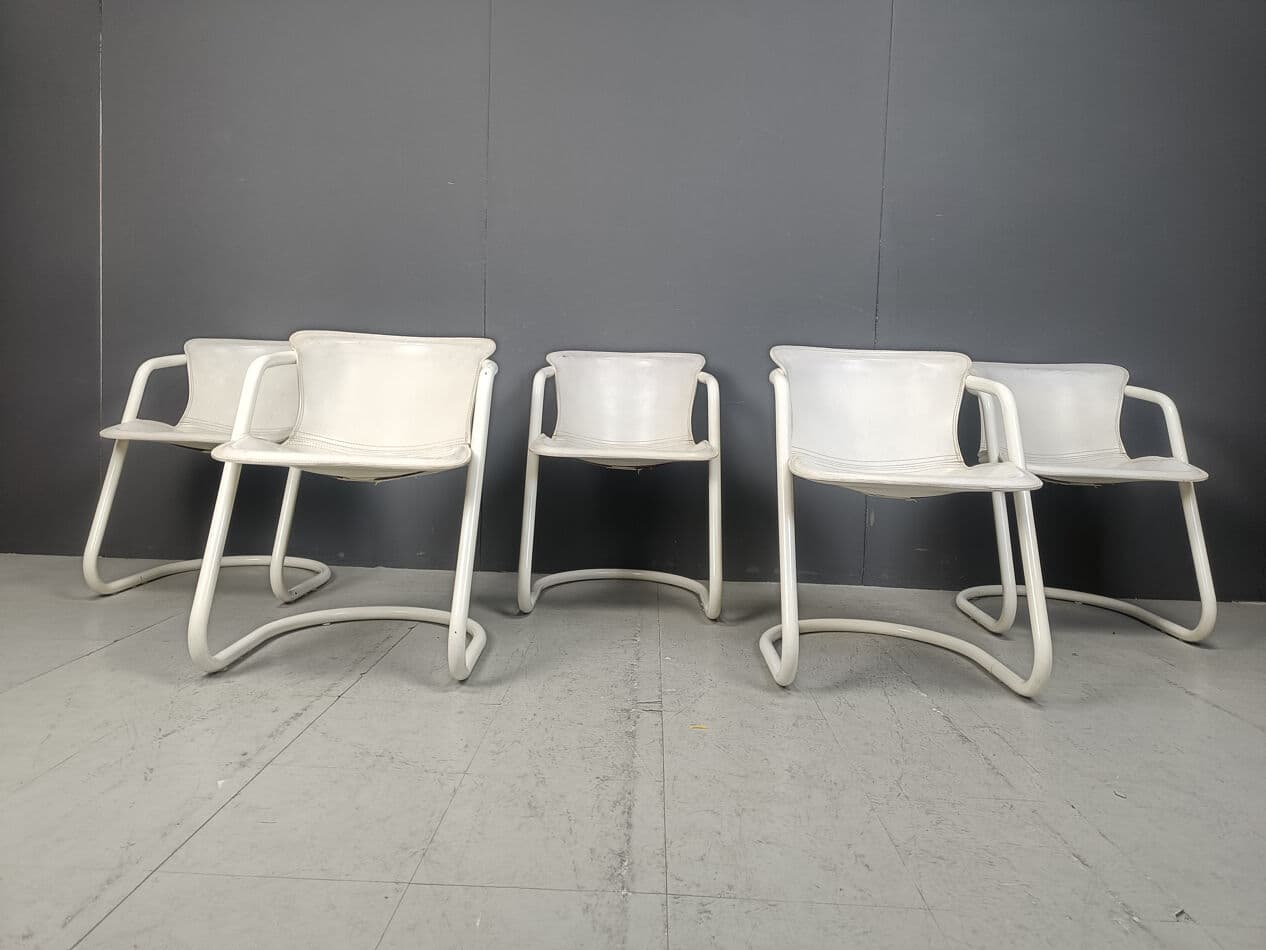 Set of Five Dining Chairs, white, metal, leather, Netherlands, 1970s. - 270646