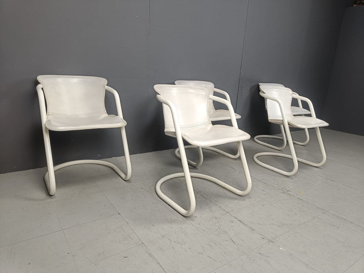 Set of Five Dining Chairs, white, metal, leather, Netherlands, 1970s. - 270643