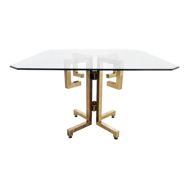 Stół jadalniany geometryczny, mosiądz złoty, szkło przezroczyste, Belgia, lata 70. - WYMIARY