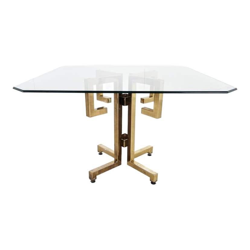 Stół jadalniany geometryczny, mosiądz złoty, szkło przezroczyste, Belgia, lata 70.