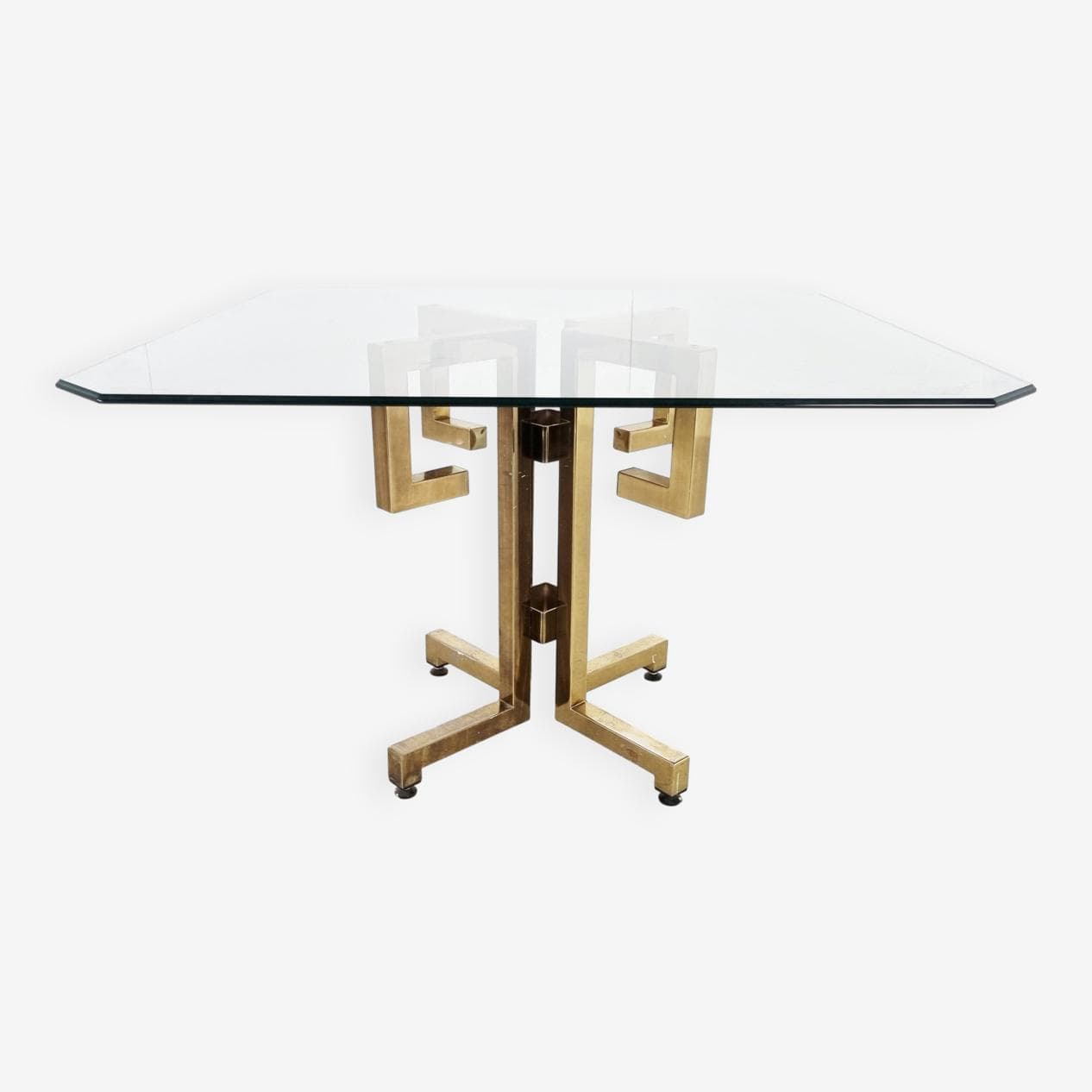 Stół jadalniany geometryczny, mosiądz złoty, szkło przezroczyste, Belgia, lata 70. - 270625