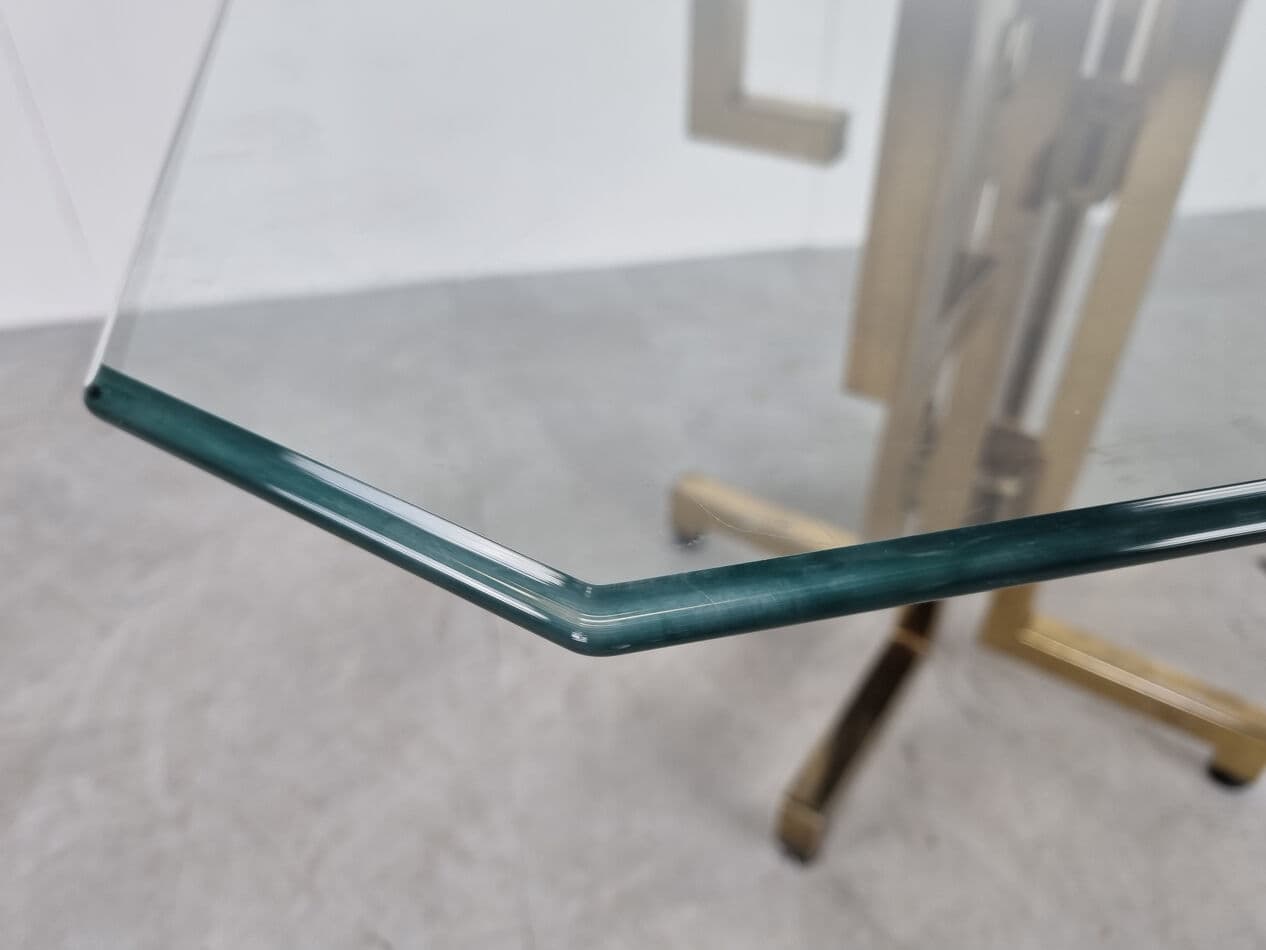 Stół jadalniany geometryczny, mosiądz złoty, szkło przezroczyste, Belgia, lata 70. - 270633