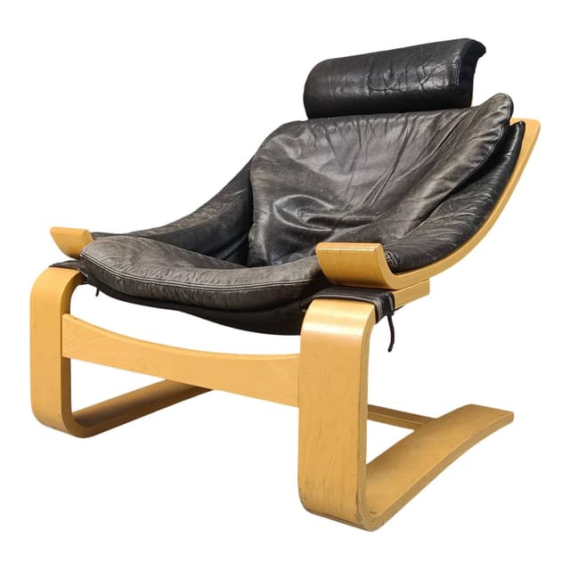 Fotel Kroken, skóra czarna, buk, proj. Å. Fribyter, Szwecja, lata 70. - WYMIARY