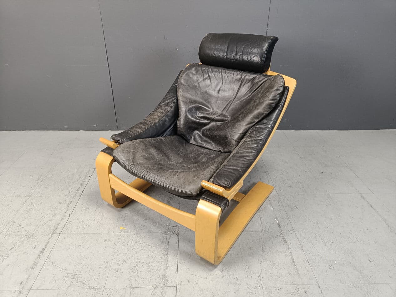 Fotel Kroken, skóra czarna, buk, proj. Å. Fribyter, Szwecja, lata 70. - 270595