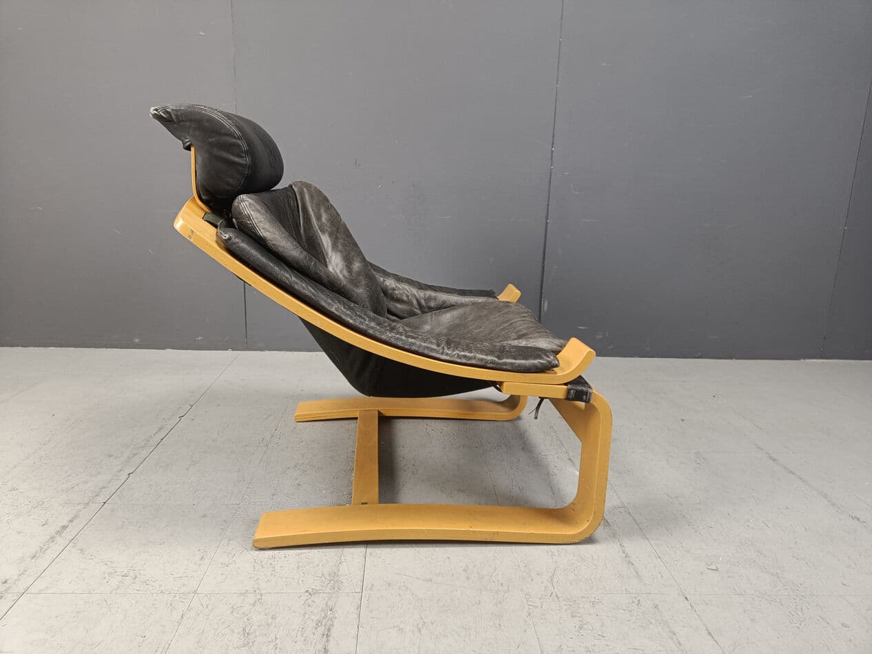 Fotel Kroken, skóra czarna, buk, proj. Å. Fribyter, Szwecja, lata 70. - 270592