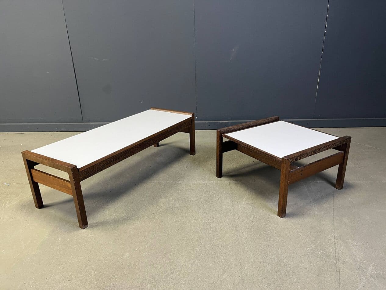 Zestaw dwóch stolików kawowych, wenge brązowy, formika biała, Belgia, lata 60. - 270580