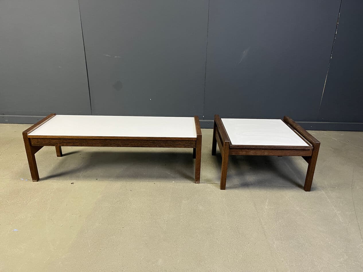 Zestaw dwóch stolików kawowych, wenge brązowy, formika biała, Belgia, lata 60. - 270587