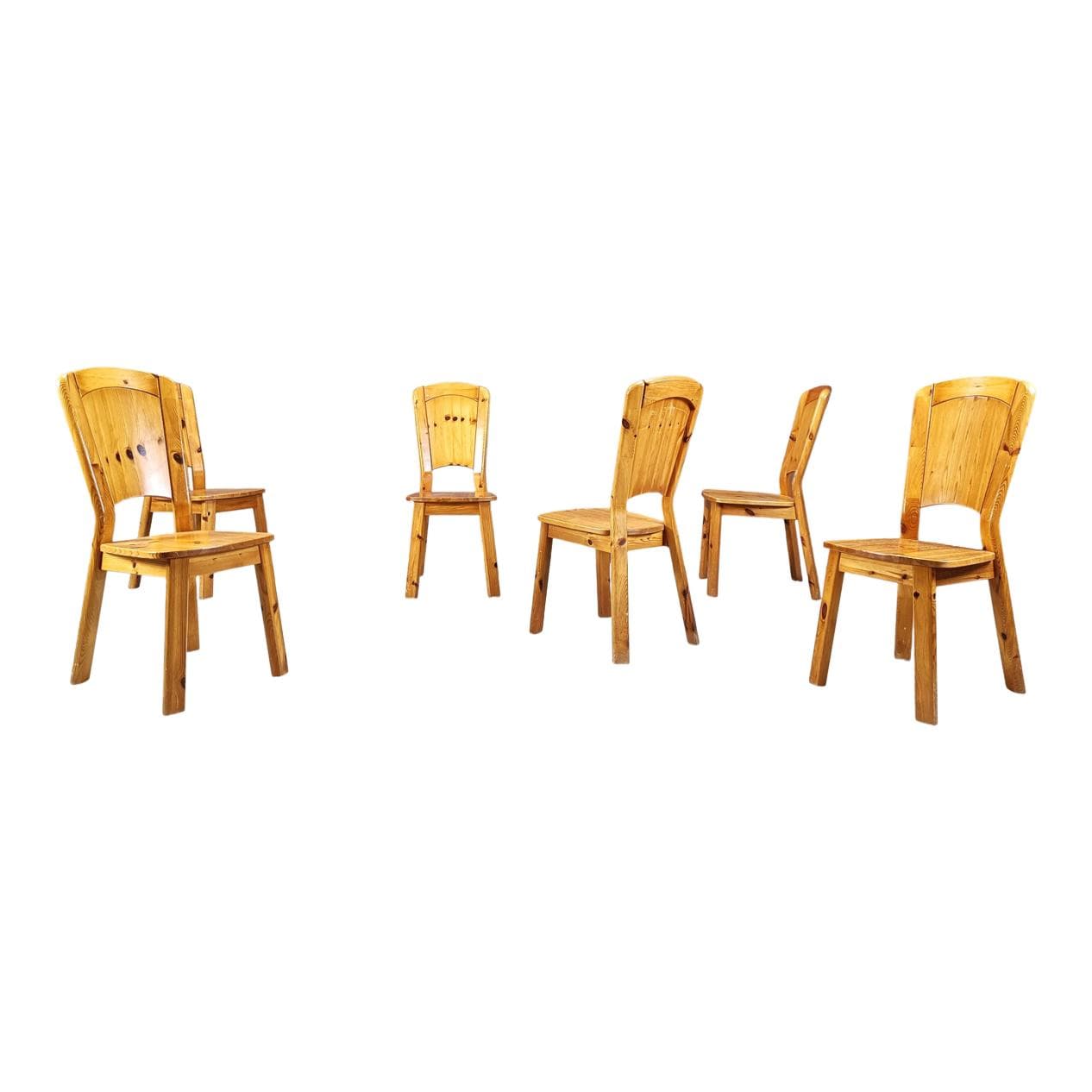 Set of six chairs, brown pine, Denmark, 1970s.
