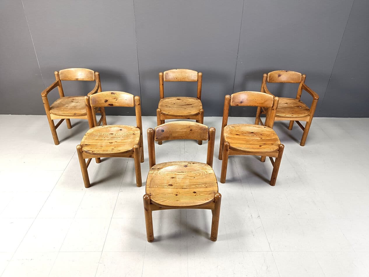 Set of six dining chairs, brown pine, by R. Daumiller, Denmark, 1970s. - 270532