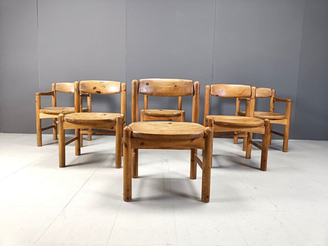 Set of six dining chairs, brown pine, by R. Daumiller, Denmark, 1970s. - 270530