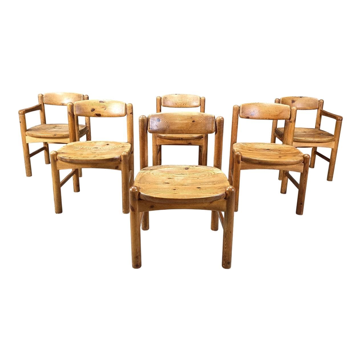 Set of six dining chairs, brown pine, by R. Daumiller, Denmark, 1970s.