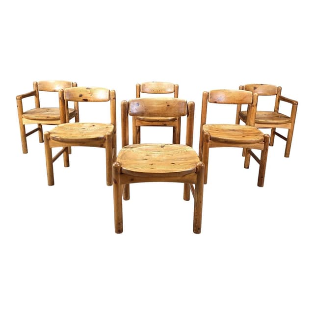 Set of six dining chairs, brown pine, by R. Daumiller, Denmark, 1970s. - DIMENSION