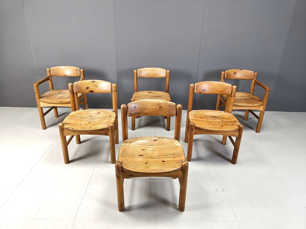 Set of six dining chairs, brown pine, by R. Daumiller, Denmark, 1970s. - 270531