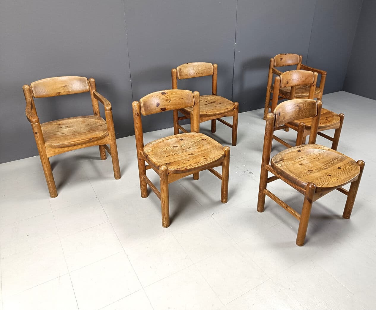 Set of six dining chairs, brown pine, by R. Daumiller, Denmark, 1970s. - 270527