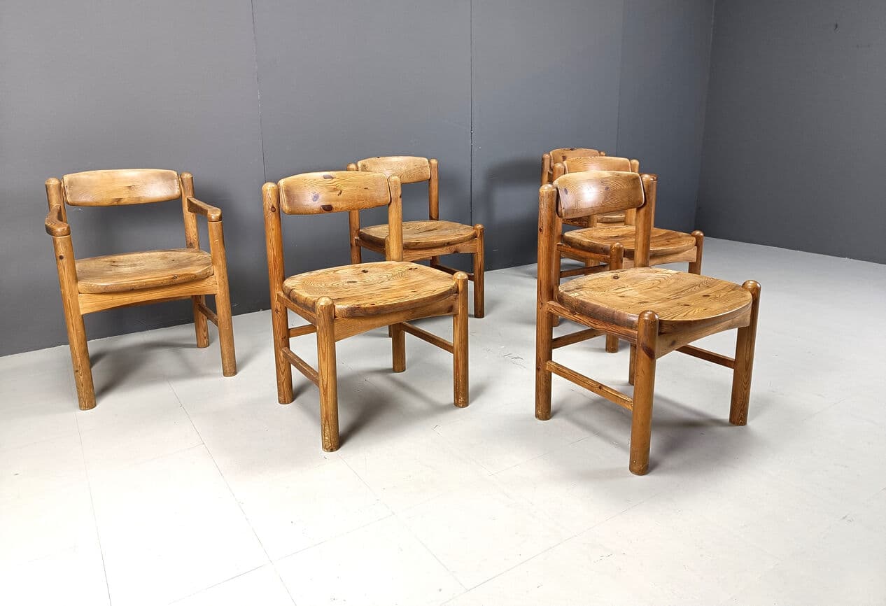 Set of six dining chairs, brown pine, by R. Daumiller, Denmark, 1970s. - 270525