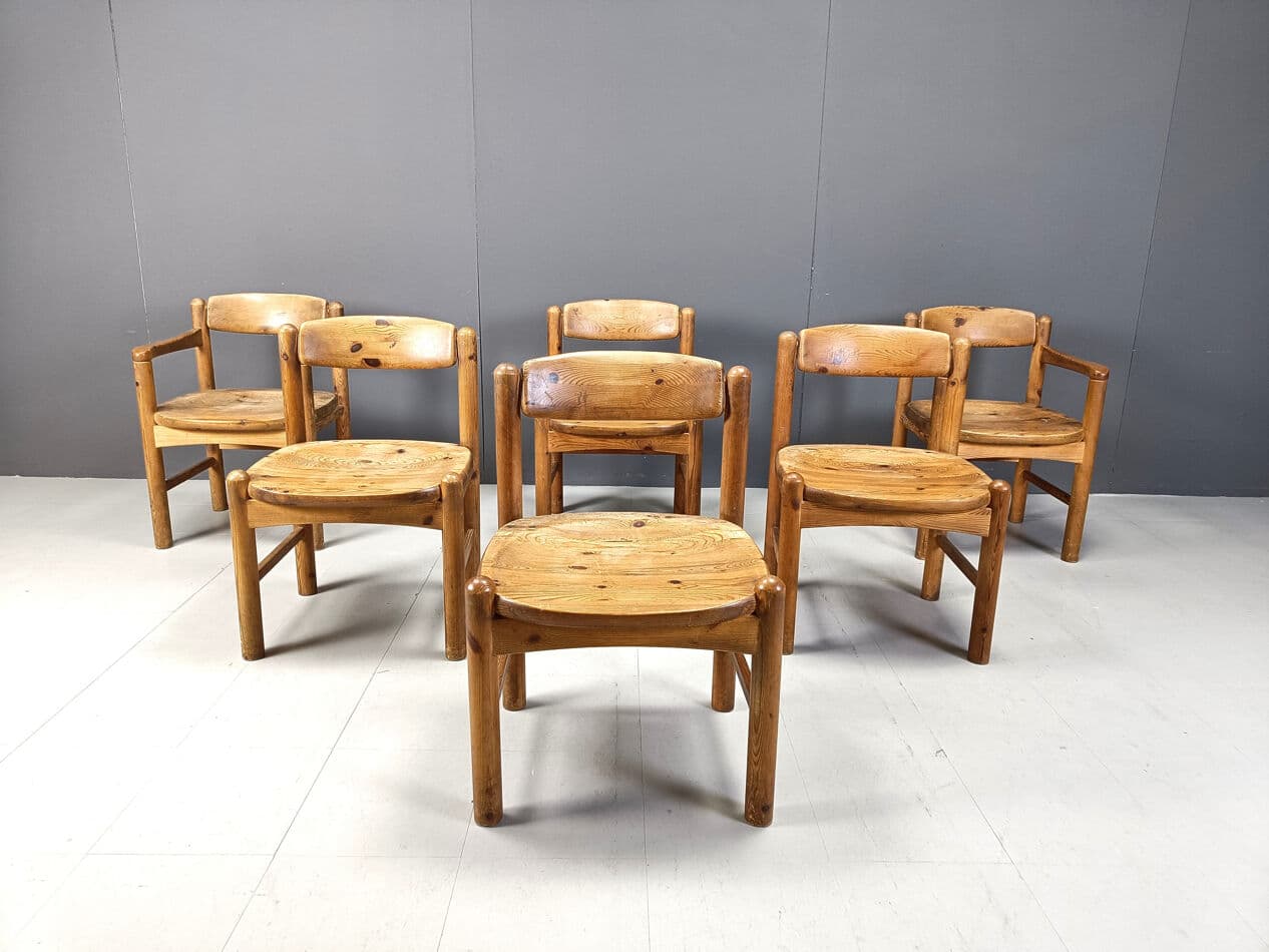 Set of six dining chairs, brown pine, by R. Daumiller, Denmark, 1970s. - 270520